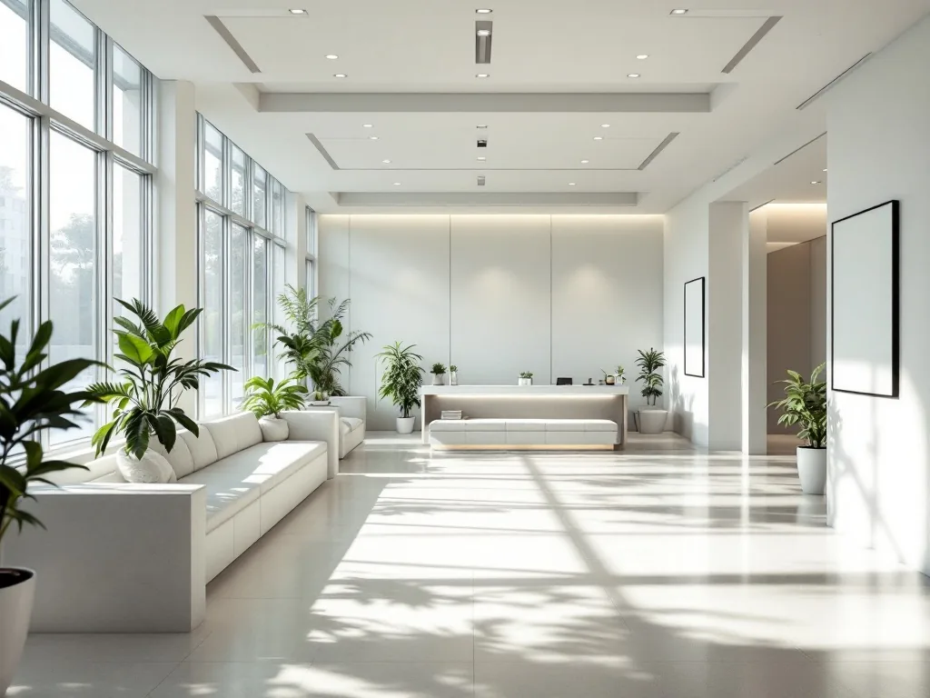 a bright welcoming public health center reception area in Korea, soft natural daylight through wide windows, calm and clean interior, no people in foreground, editorial photography