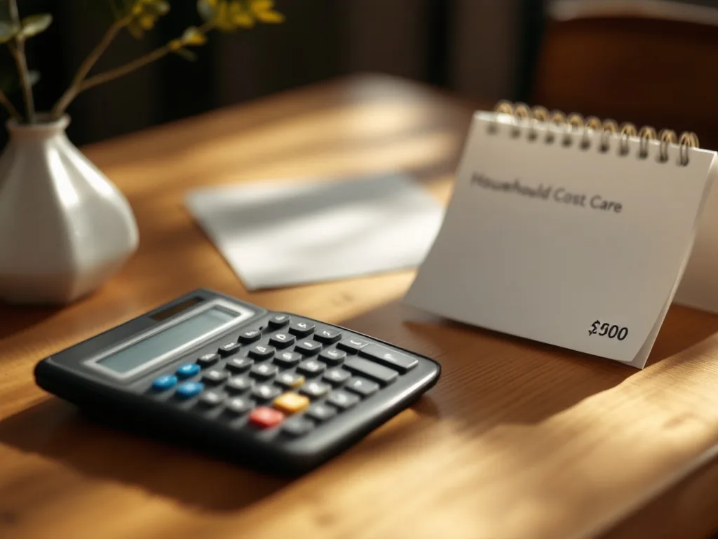 a calculator, a calendar and a simple printed cost note on a wooden table in a Korean home, planning household care budget, warm natural light, no text on screen, editorial still life photography