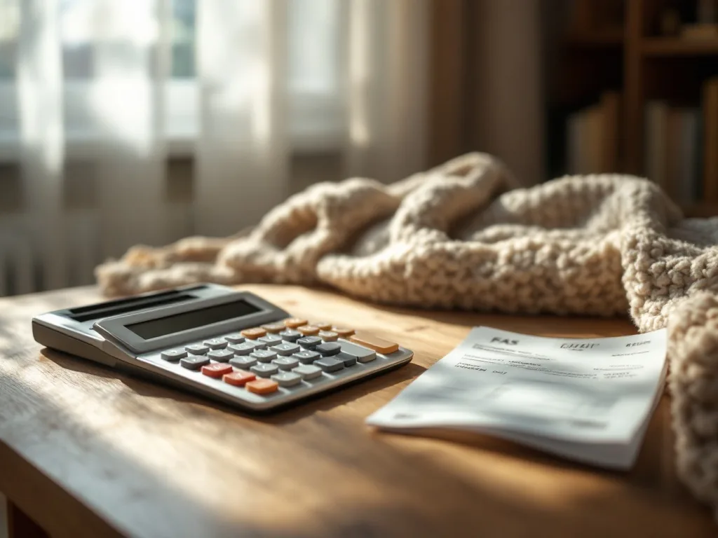 a calculator, a gas bill and a warm wool blanket on a wooden table in a Korean home, soft daylight from a window, calm still-life, shallow depth of field, editorial photography