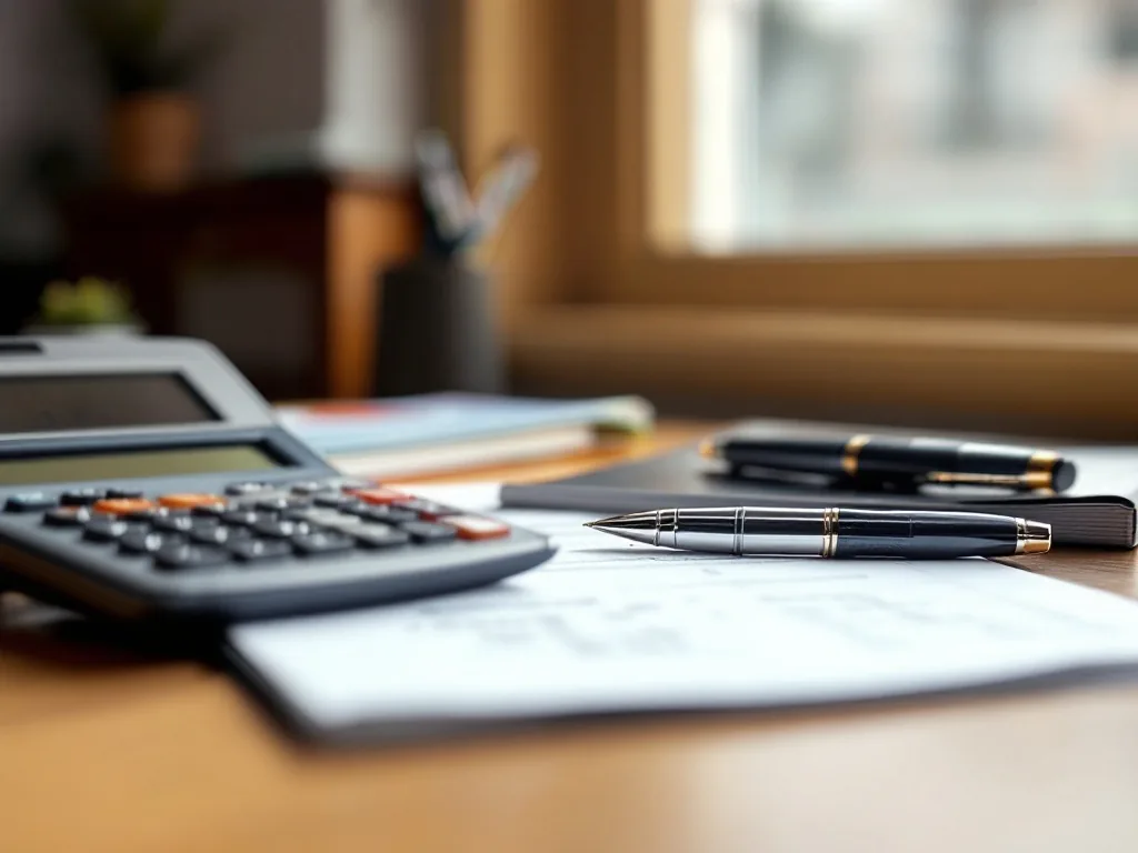 a calculator, a pen and a national pension benefit booklet laid out on a desk, soft daylight from a window, calm still-life, shallow depth of field, editorial photography