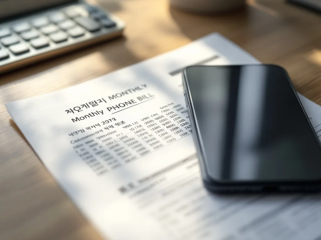 a calculator and a smartphone resting on a monthly phone bill with korean text blurred, on a wooden desk, soft window light, calm still life, shallow depth of field, editorial photography