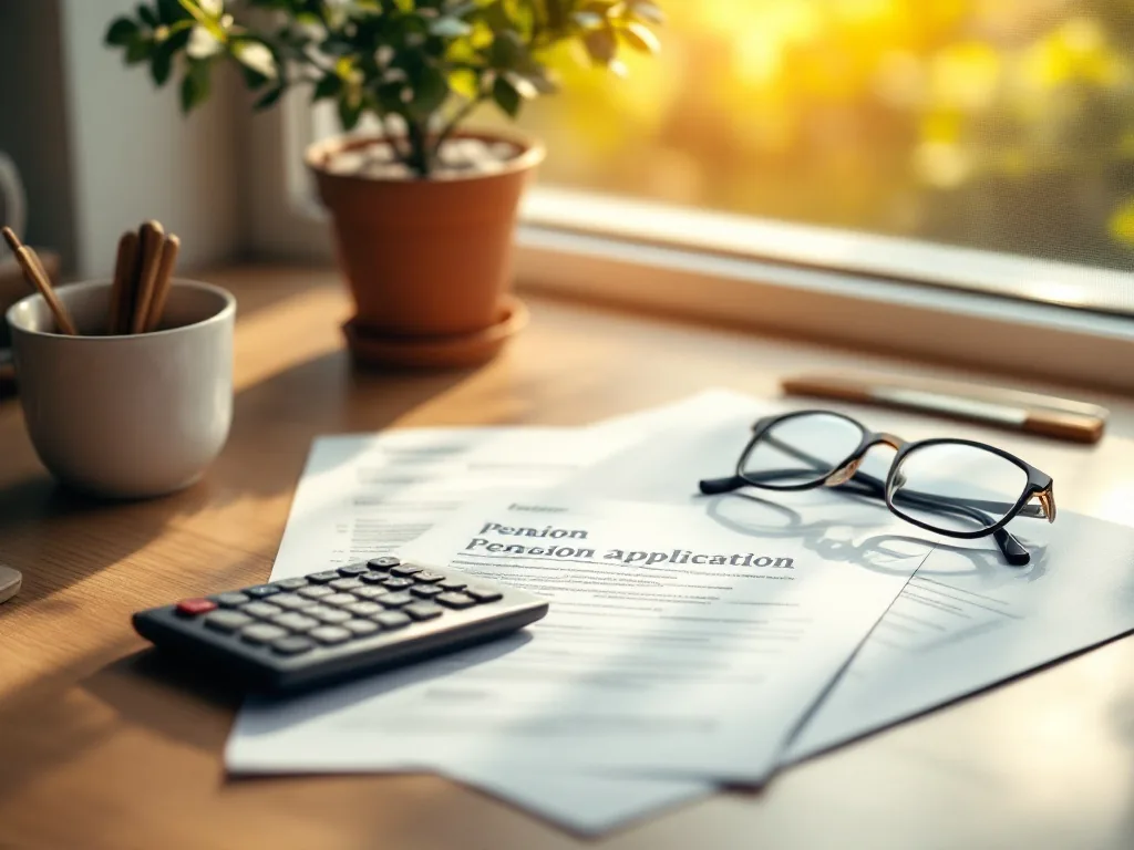a calculator, eyeglasses and pension application documents on a warm wooden desk by a sunny window, soft morning light, no people, editorial still life