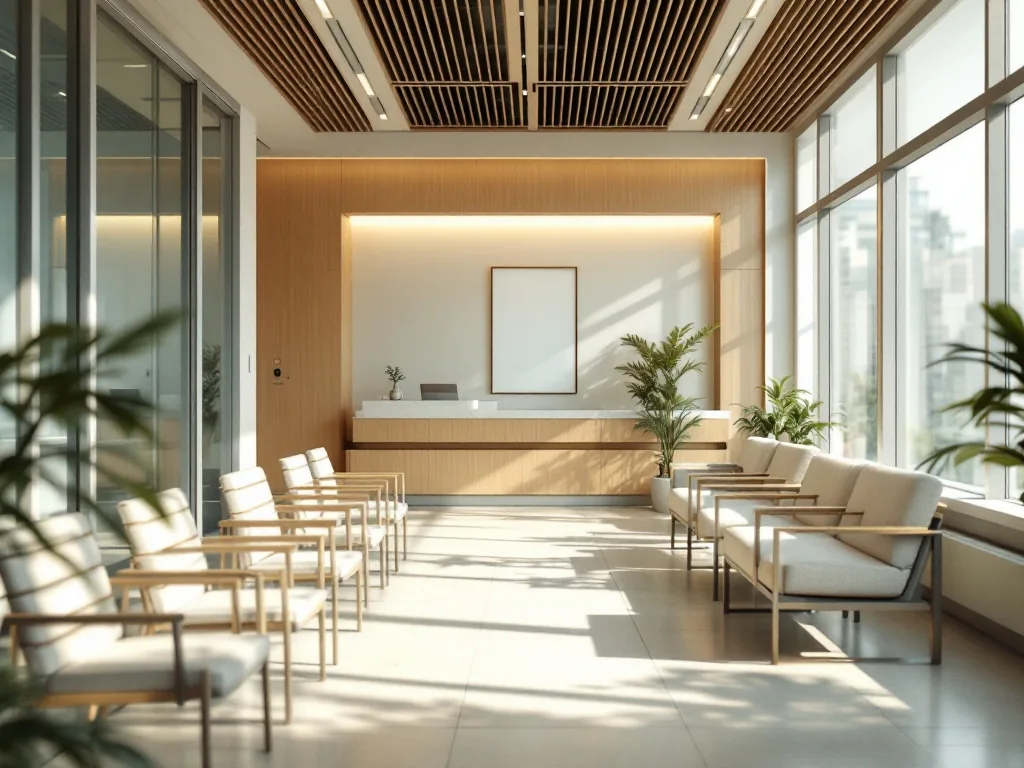 a calm health checkup waiting room in a korean clinic with soft natural light, empty chairs and a reception counter in the background, warm and reassuring mood, editorial photography, no text