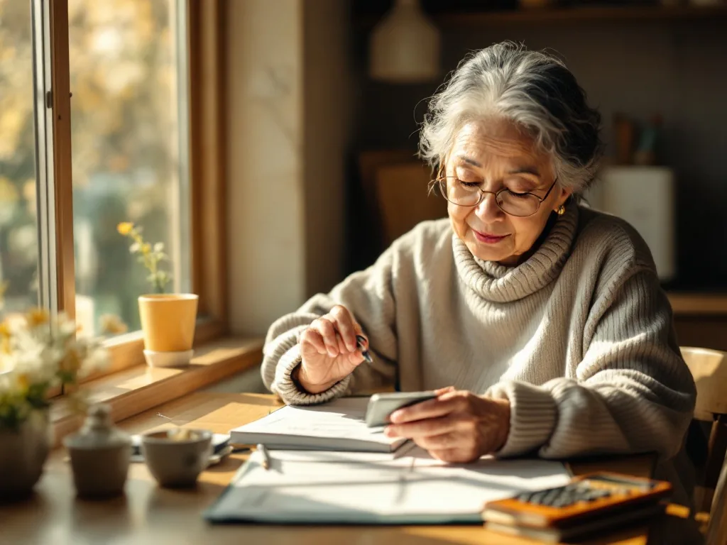 a calm korean elderly woman's hands holding a small notebook and calculator at a wooden kitchen table near a sunny window, household budget papers, no face, warm morning light, editorial photography