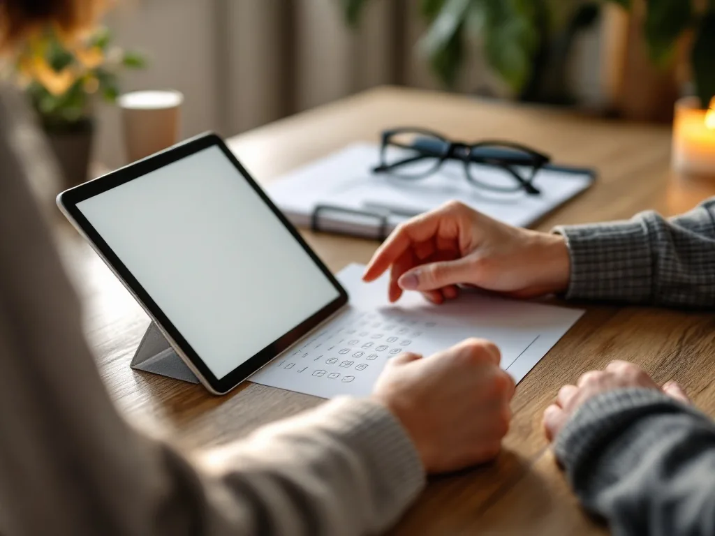 a calm one-on-one cognitive screening session at a desk, a tablet and simple paper test sheet, warm soft indoor lighting, hands and documents only, editorial documentary photography