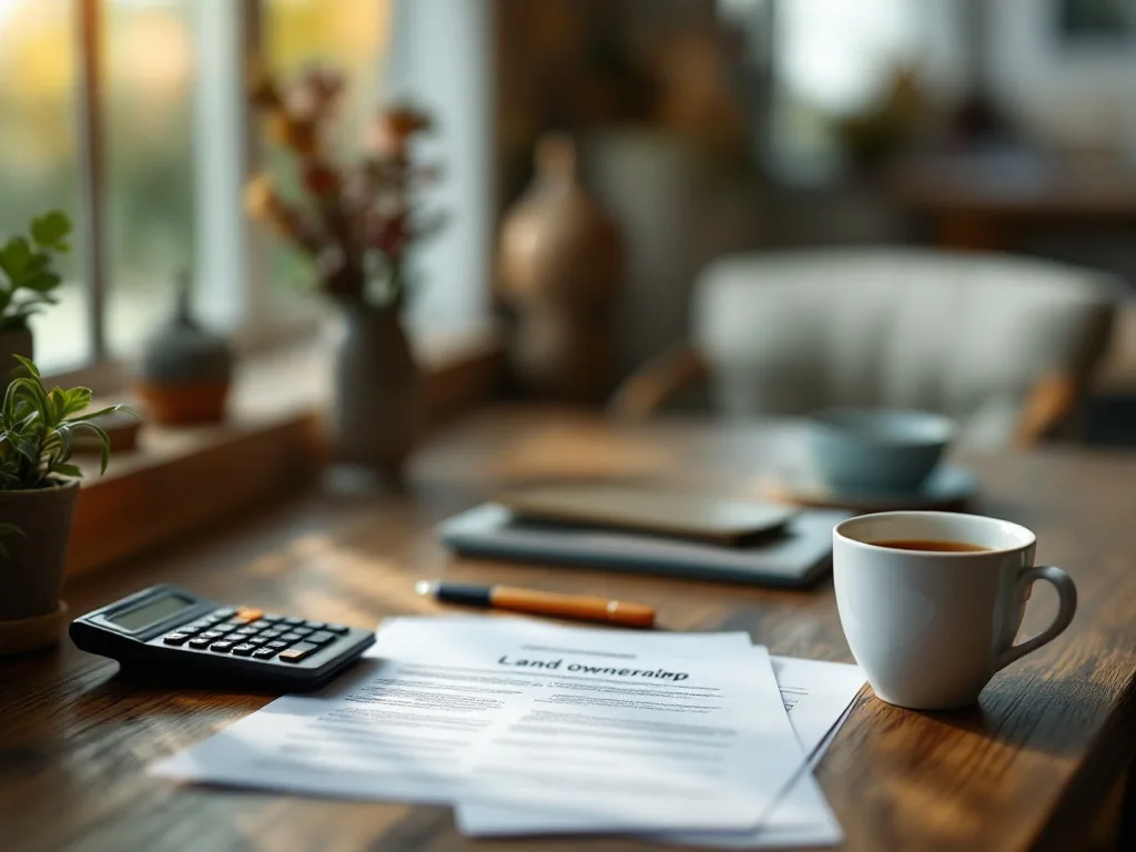 a calm wooden desk in a rural home with a calculator, a land ownership document and a cup of warm tea, soft window light, quiet contemplative mood, editorial photography, shallow depth of field