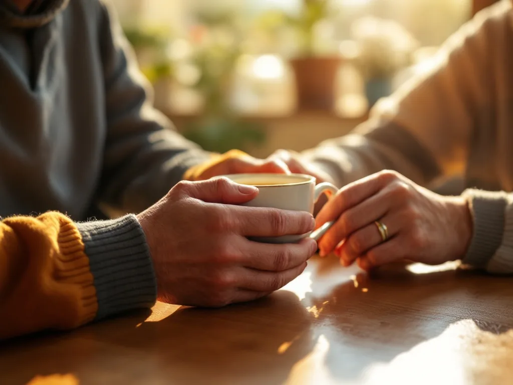 a caregiver's hands gently helping an elderly parent hold a warm cup of tea at a sunlit kitchen table, soft morning light, close-up, warm editorial photography, no faces