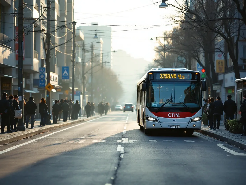 a city bus pulling into a stop on a quiet Korean street in the morning, soft daylight, view from behind waiting passengers, editorial documentary photography, shallow depth of field