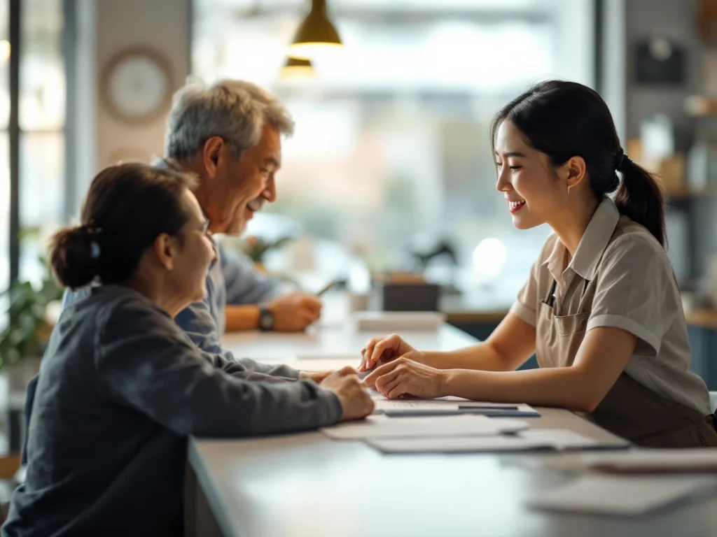 a community service center reception area in korea with a staff helping a senior at the counter, soft indoor light, documents on the desk, editorial photography, no text
