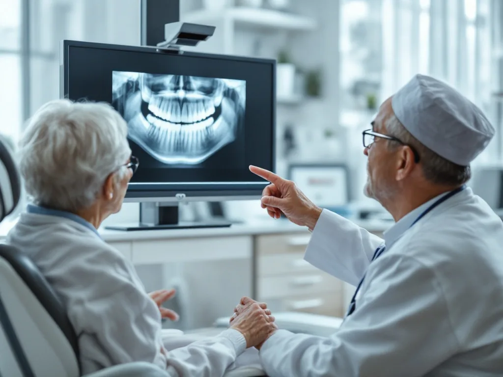 a dentist explaining a dental x-ray on a screen to an elderly patient in a bright korean dental office, focus on hands pointing at the x-ray, warm and reassuring, editorial photography