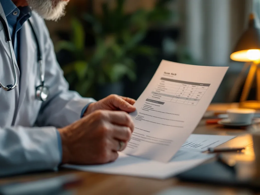a doctor's hands explaining a health checkup result paper to an elderly patient across a desk, focus on the documents and hands not faces, warm consultation room light, editorial photography, no text