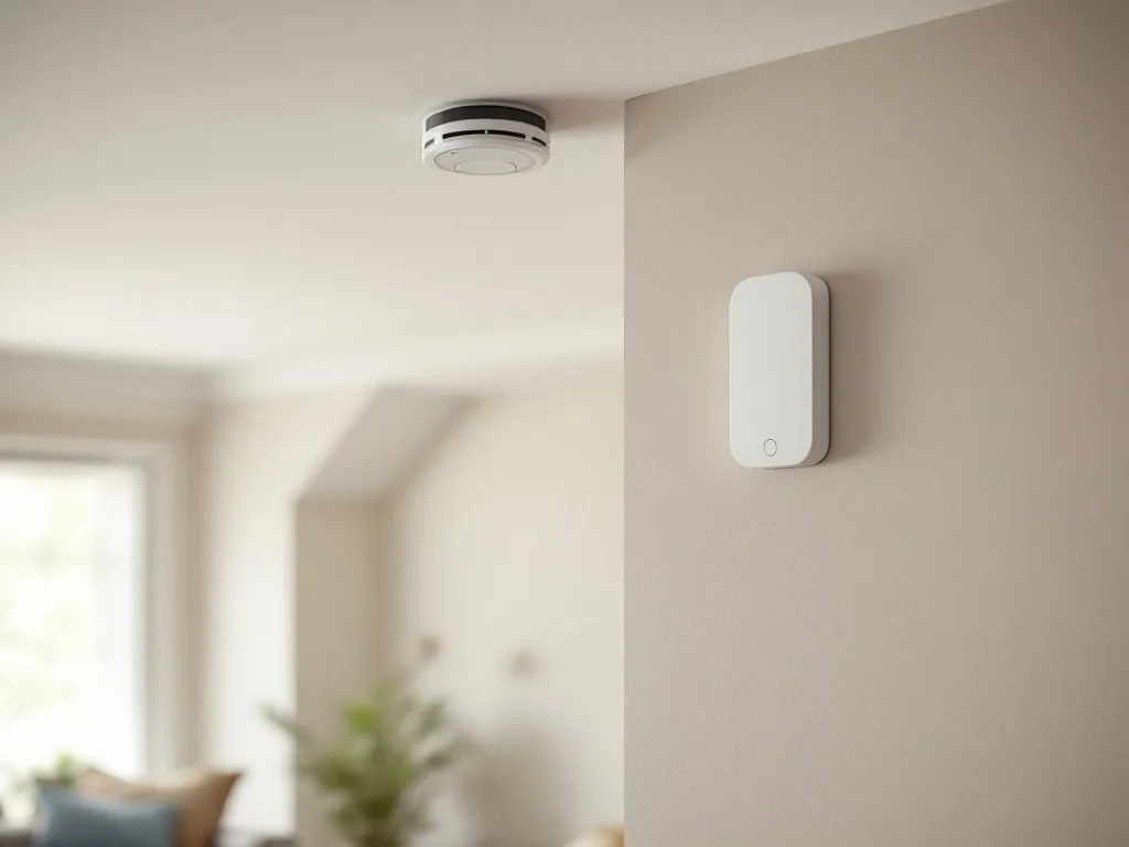 a fire smoke detector and a motion sensor installed on the ceiling and wall of a tidy elderly person's home, soft natural daylight, calm interior, editorial photography, shallow depth of field