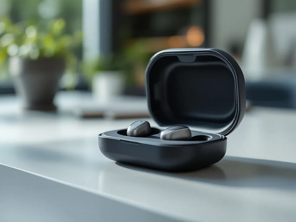 a modern hearing aid resting in an open case on a clean desk at an audiology clinic, soft window light, shallow depth of field, calm still-life, editorial photography