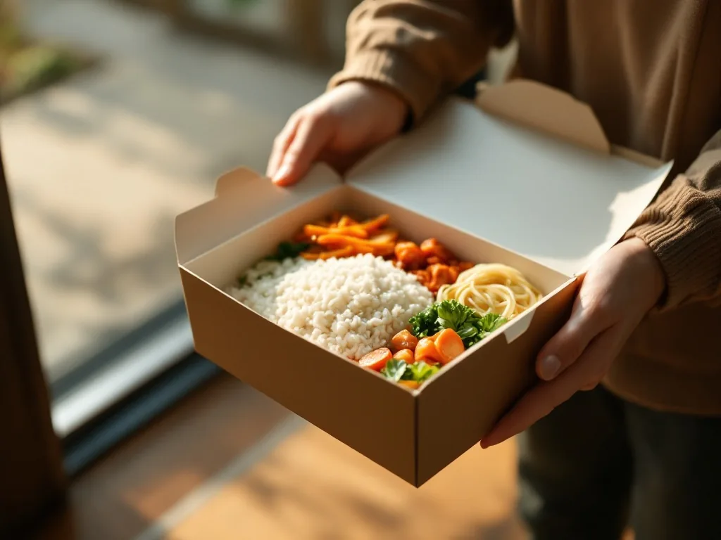 a neatly packed korean lunch box with rice and several side dishes being placed at a doorstep, warm afternoon light, close-up on hands, editorial photography, no text