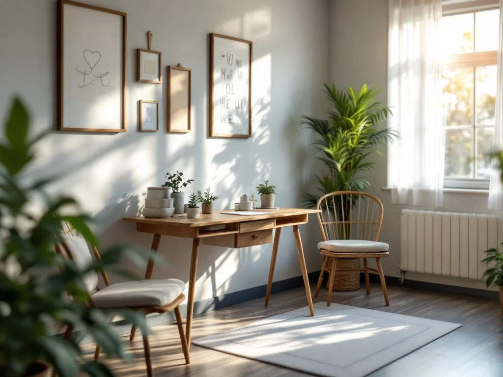 a quiet community health center consultation room with a wooden desk, two chairs, and a window letting in soft afternoon light, calm and reassuring atmosphere, editorial photography, shallow depth of field