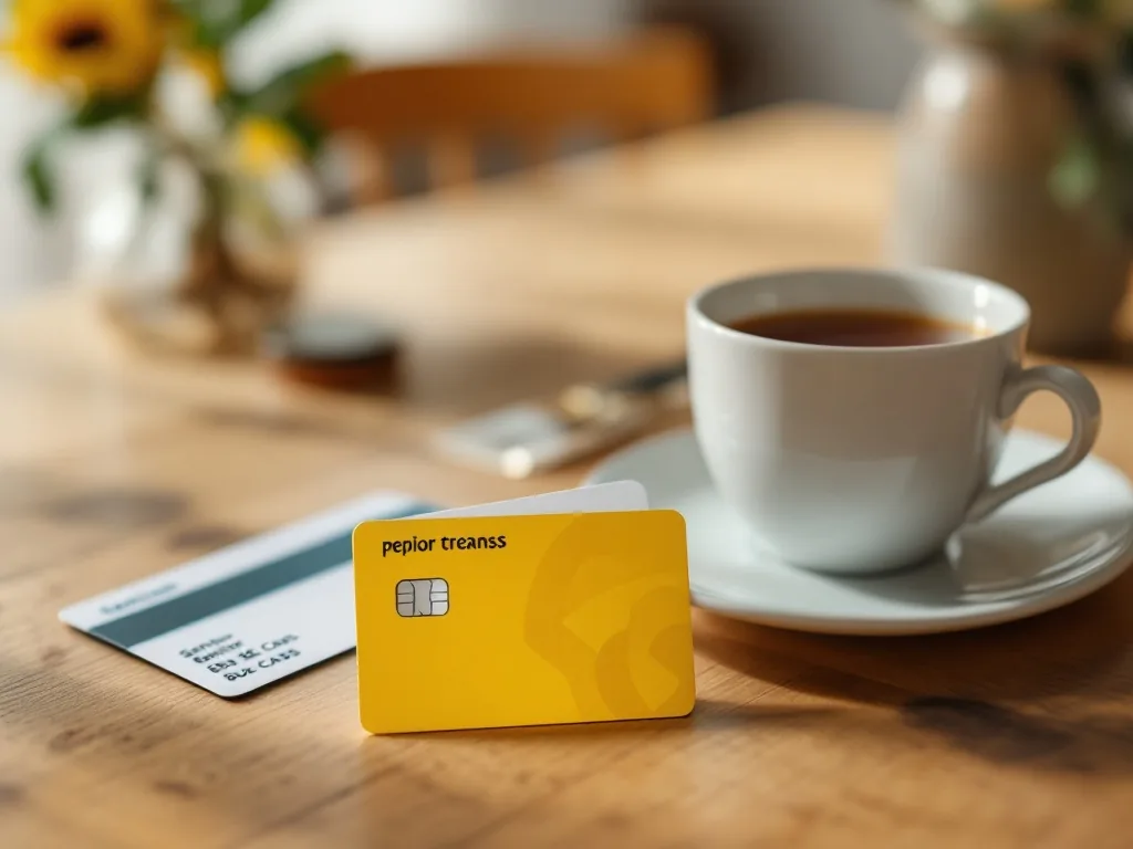a senior bus pass and a prepaid transit card placed neatly on a kitchen table next to a cup of tea, cozy home atmosphere, close-up, editorial photography