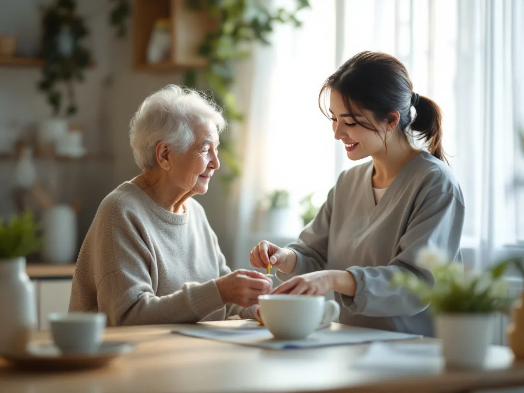 a senior care helper assisting an elderly person with daily activities at a bright tidy korean home, gentle supportive moment, soft natural light, documentary style photography, faces not visible