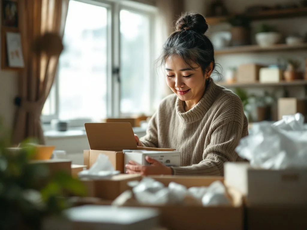 a senior korean woman volunteering at a community welfare center, helping organize boxes of goods indoors, soft window light, warm and calm mood, over-the-shoulder view, editorial photography