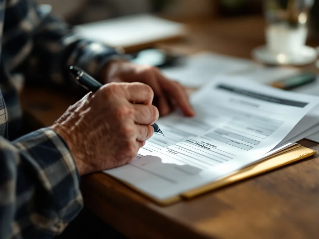 a senior person's hands filling out a government welfare application form with a pen at a community center desk, warm light, no faces, no text, editorial documentary photography
