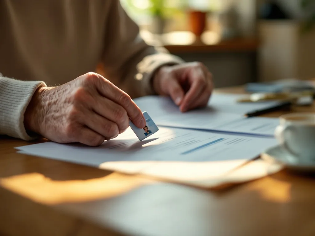 a senior person's hands organizing paper documents and an ID card on a kitchen table at home, warm morning light, no faces, editorial photography, shallow depth of field