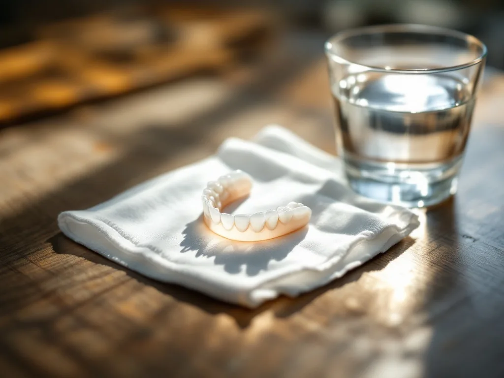 a set of dentures resting on a clean white cloth next to a glass of water on a wooden table, soft morning light, calm still-life, editorial photography