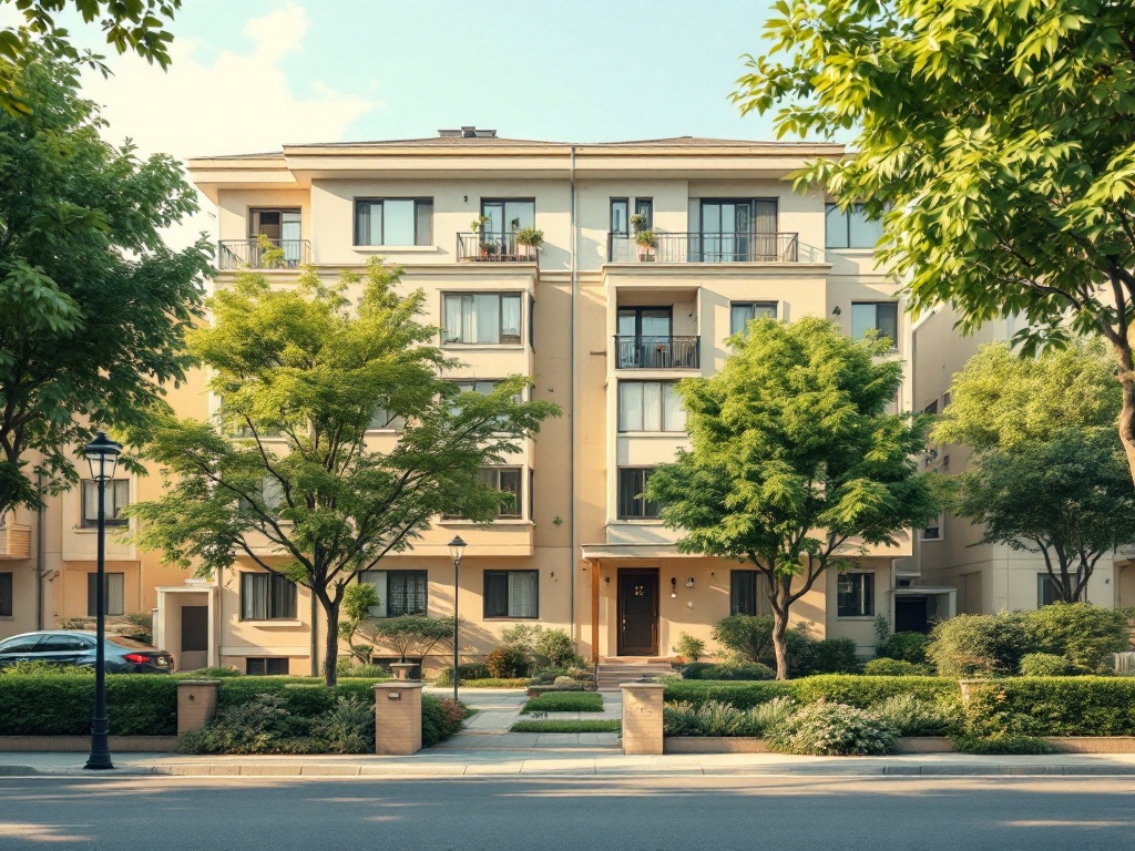 a warm korean apartment building exterior in soft afternoon light, low-rise residential neighborhood with green trees, peaceful and homey atmosphere, wide editorial photography