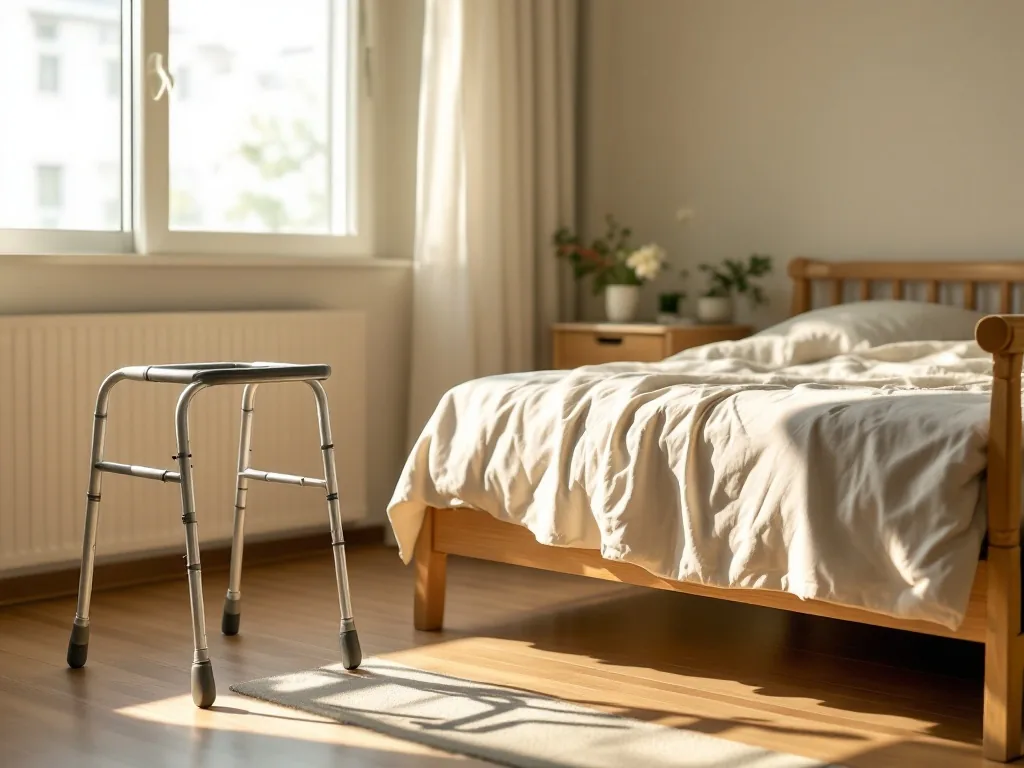 a wooden bedroom handrail and a folding walker placed beside a neatly made bed in a bright Korean home, soft morning light through the window, warm caring mood, editorial photography, shallow depth of field
