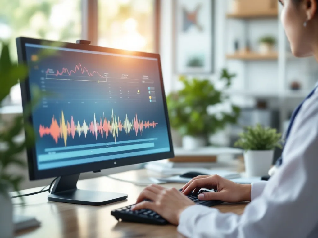 an audiologist adjusting hearing aid settings on a computer screen with sound waves, hands on keyboard, bright korean clinic interior, professional and reassuring mood, editorial photography