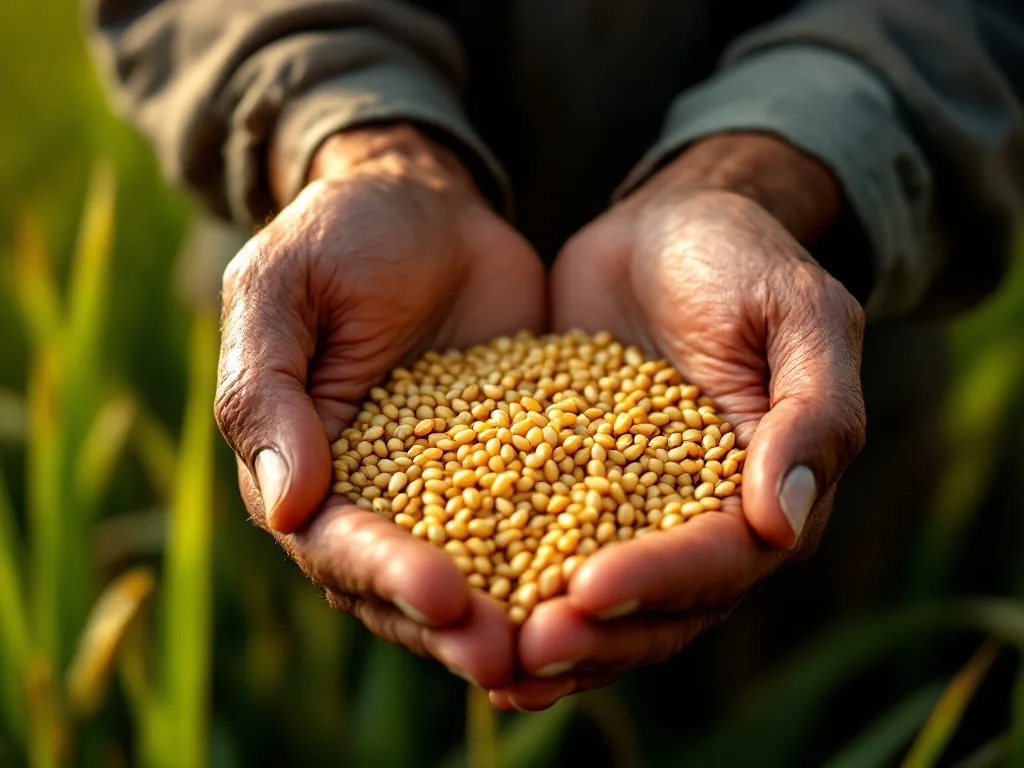 an elderly farmer's weathered hands holding ripe rice grains over a green paddy field, soft morning light, warm rural mood, editorial photography, shallow depth of field