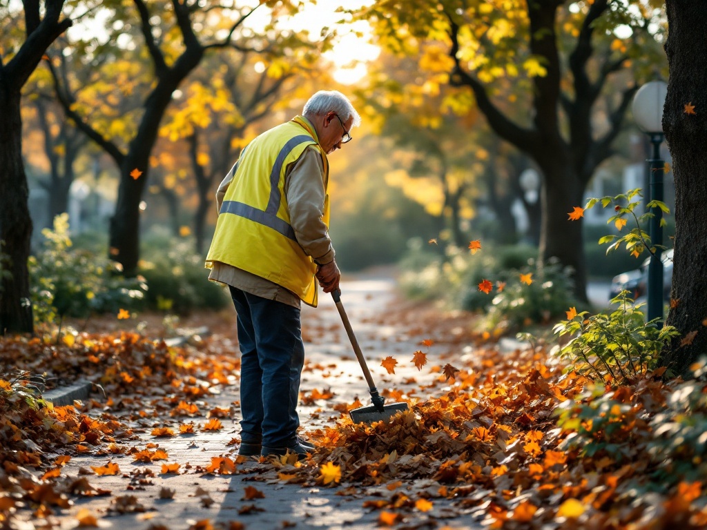 an elderly korean man in a yellow safety vest doing community cleanup work in a neighborhood park, picking up leaves with a tool, autumn morning light, seen from behind, documentary style
