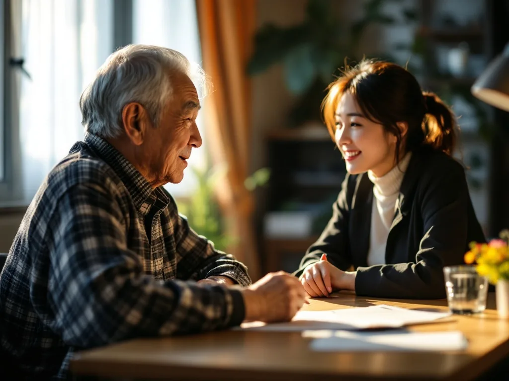 an elderly korean person and a social worker talking across a desk at a community welfare center, warm indoor light, over-the-shoulder view, shallow focus, editorial photography, no text