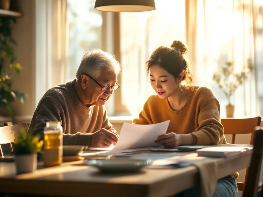 an elderly korean person and their adult child sitting together at a home dining table reviewing paperwork, warm afternoon light through the window, supportive and calm atmosphere, editorial photography, no clear faces