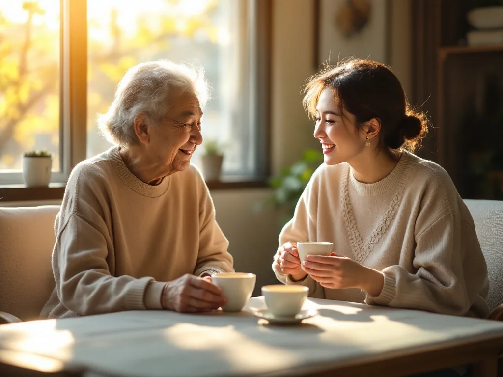 an elderly person and a care worker sharing tea at a cozy korean home, sunlight through the window, two cups on a low table, warm gentle mood, editorial photography, no text