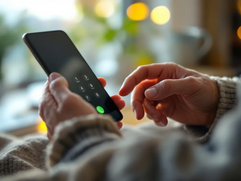 an elderly person's hand dialing a smartphone at home, warm indoor light, viewed over the shoulder, calm and helpful mood, shallow depth of field, editorial photography