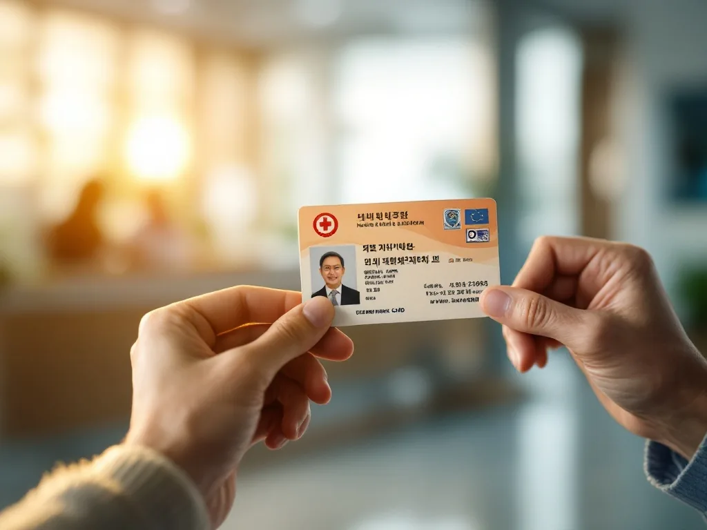 an elderly person's hand holding a national ID card and a hospital reception desk in the background, warm indoor light, korean clinic setting, shallow focus, editorial photography, no text