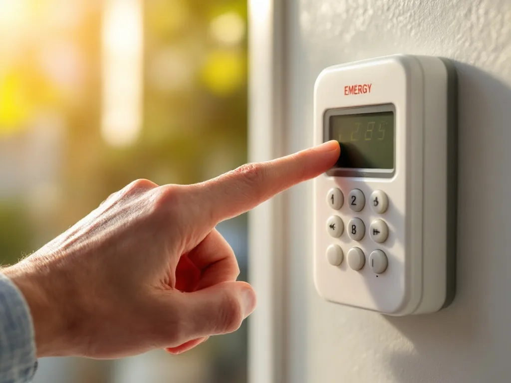 an elderly person's hand pressing a wall-mounted emergency call button at home, warm afternoon light, close-up, editorial photography, shallow depth of field
