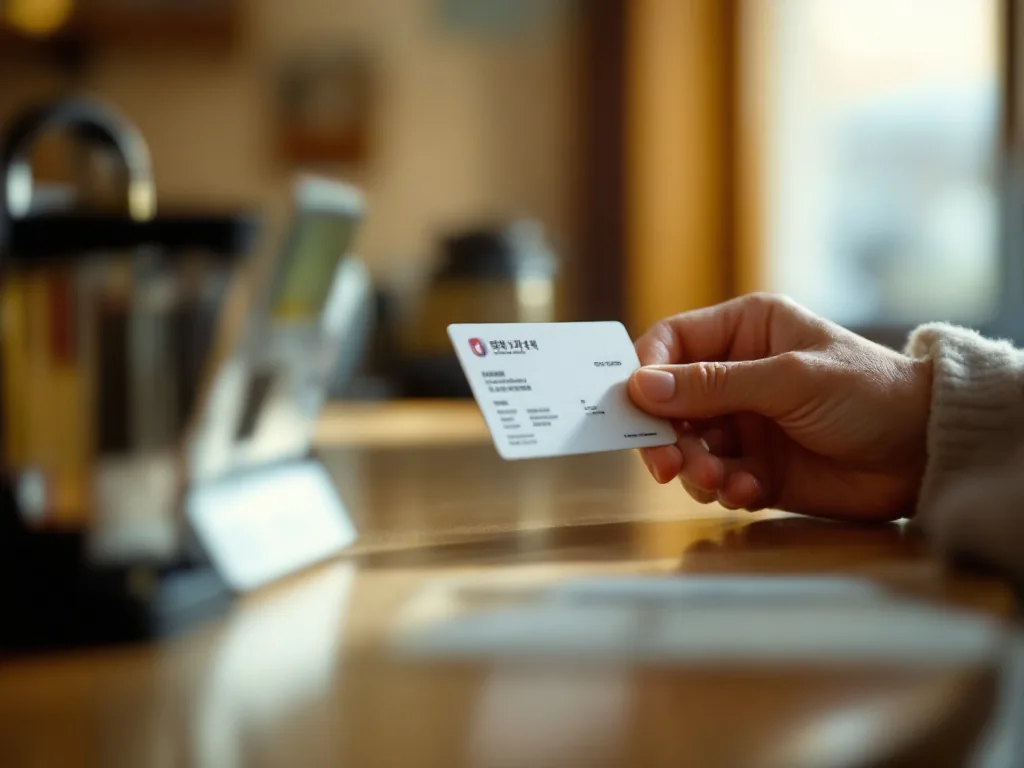 an elderly person's hands holding an identification card at a public health center reception desk, warm indoor light, korean setting, shallow focus, editorial photography, no text