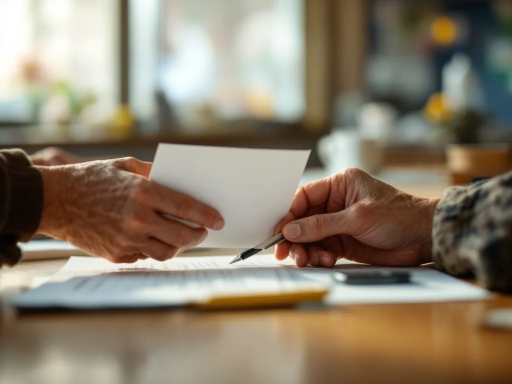 an elderly person's hands holding documents at a community service center counter in Korea, warm indoor light, viewed over the shoulder, calm helpful mood, editorial photography