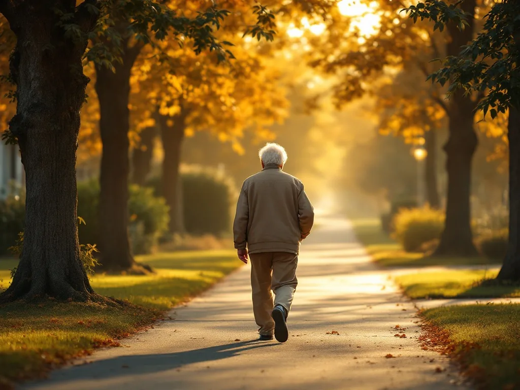 an elderly person walking calmly in a quiet neighborhood park in the morning, viewed from behind, soft golden light through trees, peaceful retirement mood, editorial photography