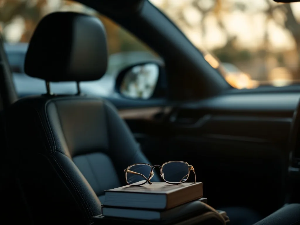 an empty driver seat of a parked car with a folded pair of reading glasses left on the dashboard, soft window light, quiet mood, editorial photography
