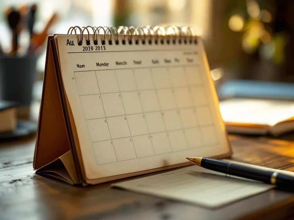 an old paper calendar with several months marked, a pen resting nearby, warm afternoon light, quiet home study desk, editorial photography, shallow depth of field