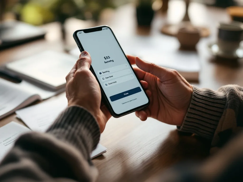 an older person's hands holding a smartphone showing a banking app, sitting at a home table with documents, soft natural light, warm and calm mood, editorial photography