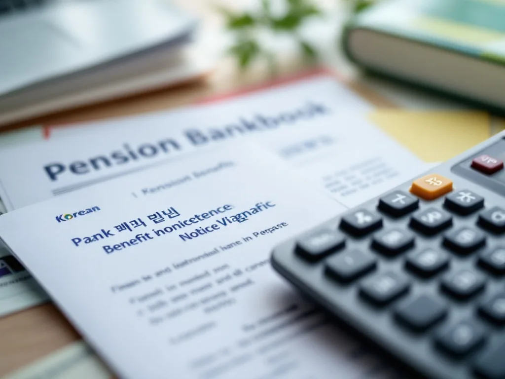 close-up of a calculator, a korean bankbook and pension benefit notice papers on a desk, soft natural light, no text, editorial finance photography, shallow depth of field