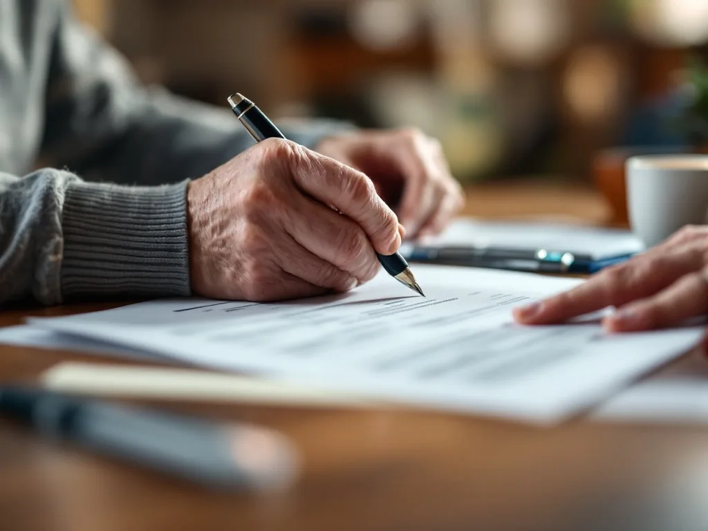 close-up of elderly hands filling out a paper application form at a community center desk, pen and documents, soft indoor light, no face, editorial photography