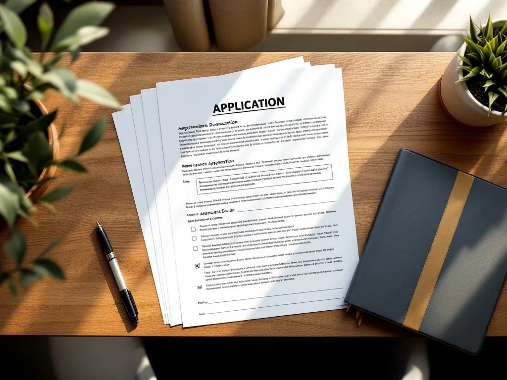 neatly arranged application documents, a bankbook and a pen on a wooden desk, soft window light, top-down flat lay, warm calm tone, editorial photography