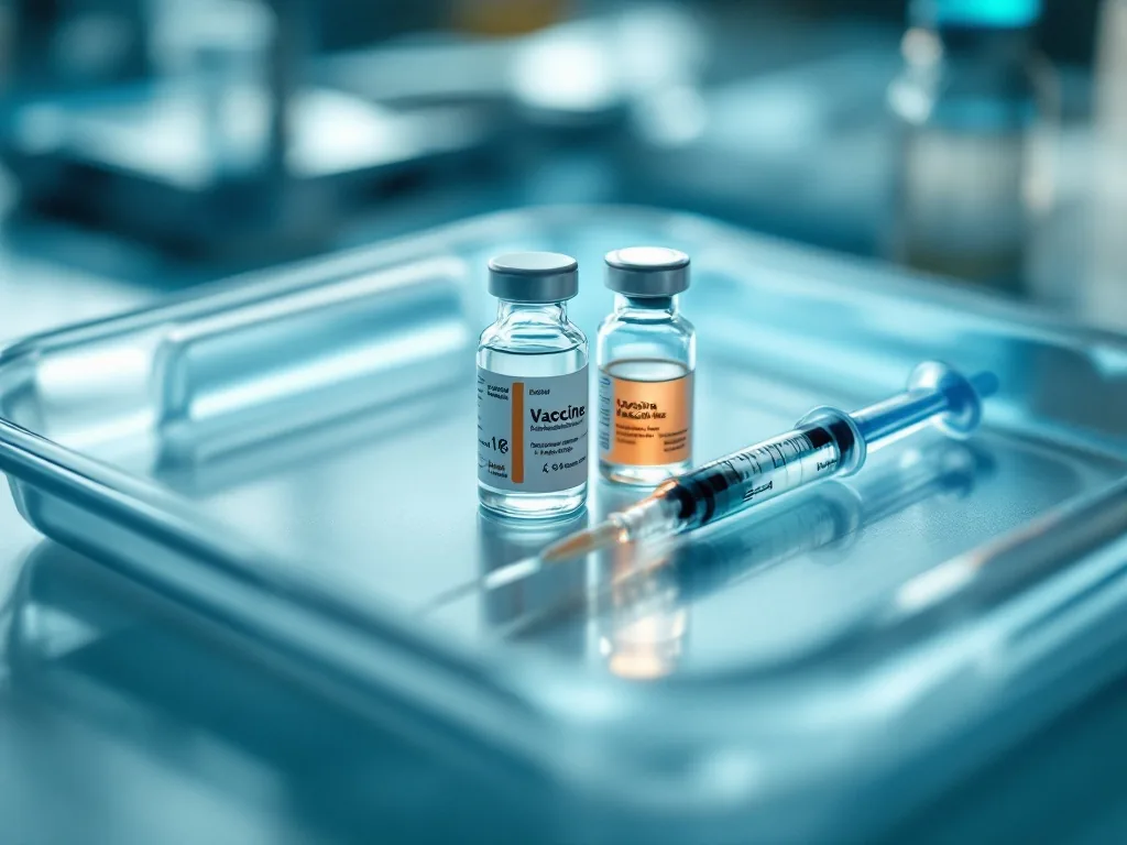two different vaccine vials and a syringe laid out on a clean medical tray under soft light, shallow depth of field, editorial medical photography, no text