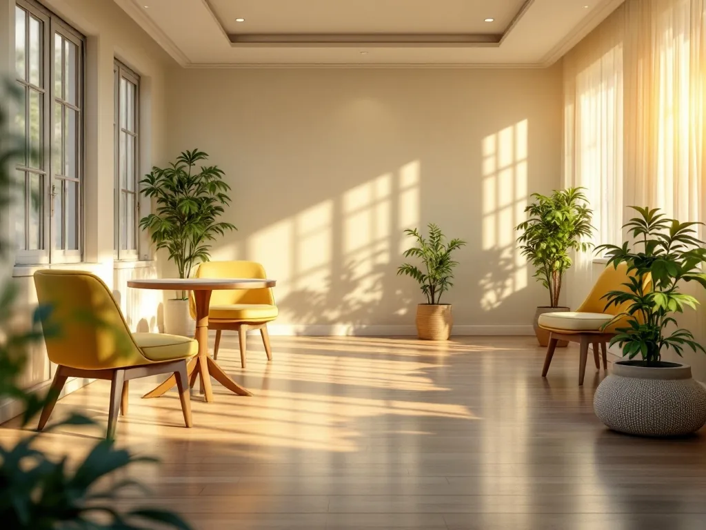 a bright day care center room for elderly with round tables, cushioned chairs and warm afternoon light through wide windows, no people, editorial photography