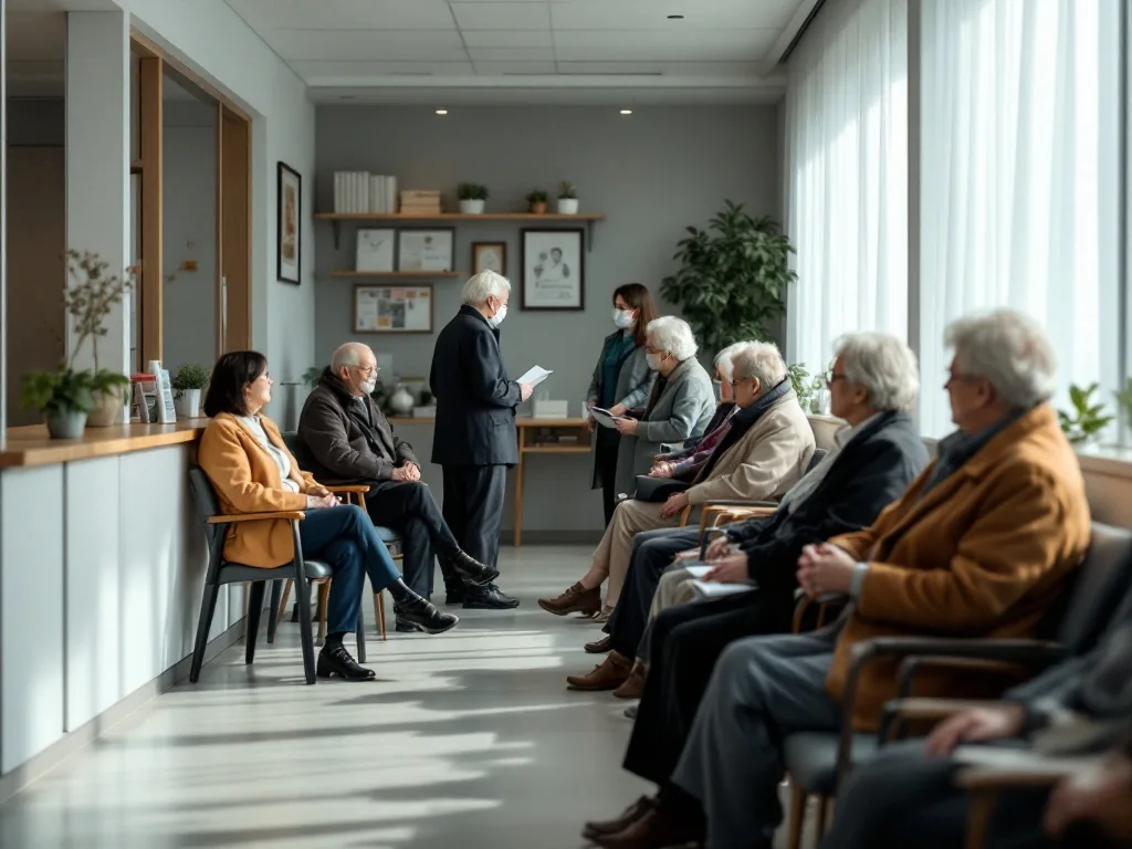 a bright neighborhood public health center reception area in korea with elderly people waiting calmly, clean interior, soft daylight, editorial documentary photography