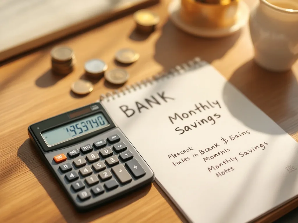 a calculator, a Korean bankbook and a handwritten monthly savings note on a warm wooden desk, coins stacked beside, cozy home-finance mood, soft morning light, editorial still-life photography