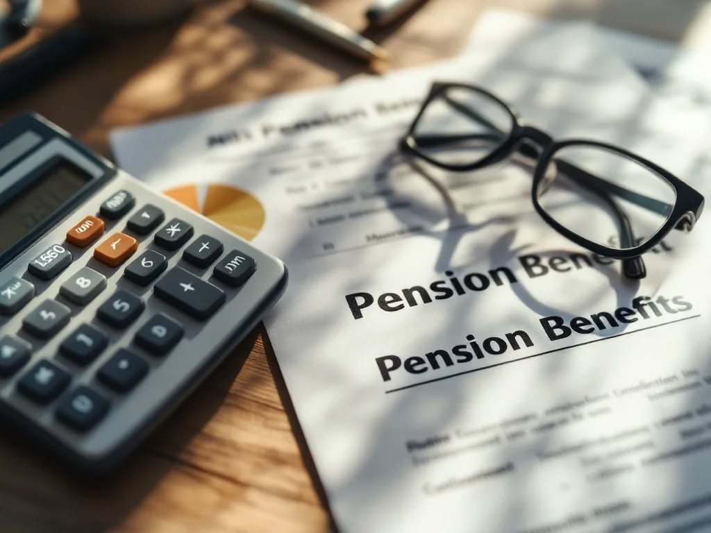 a calculator, reading glasses and pension benefit documents spread on a wooden desk, warm afternoon light, close-up overhead view, editorial finance photography